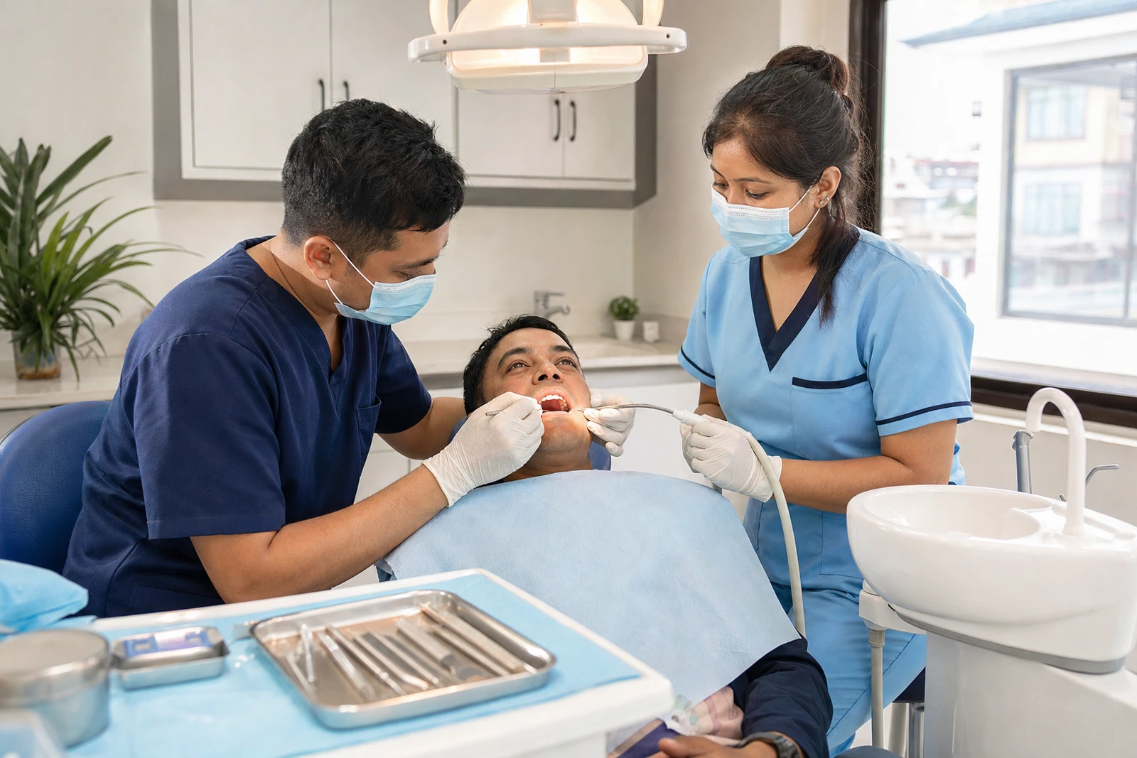 Nepalese dental team caring for a patient in a modern treatment room.