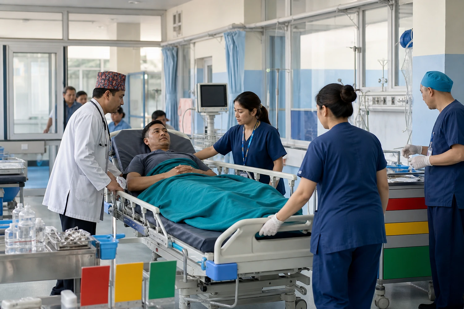 Prepared emergency team receiving a patient in a calm Nepal hospital casualty unit.