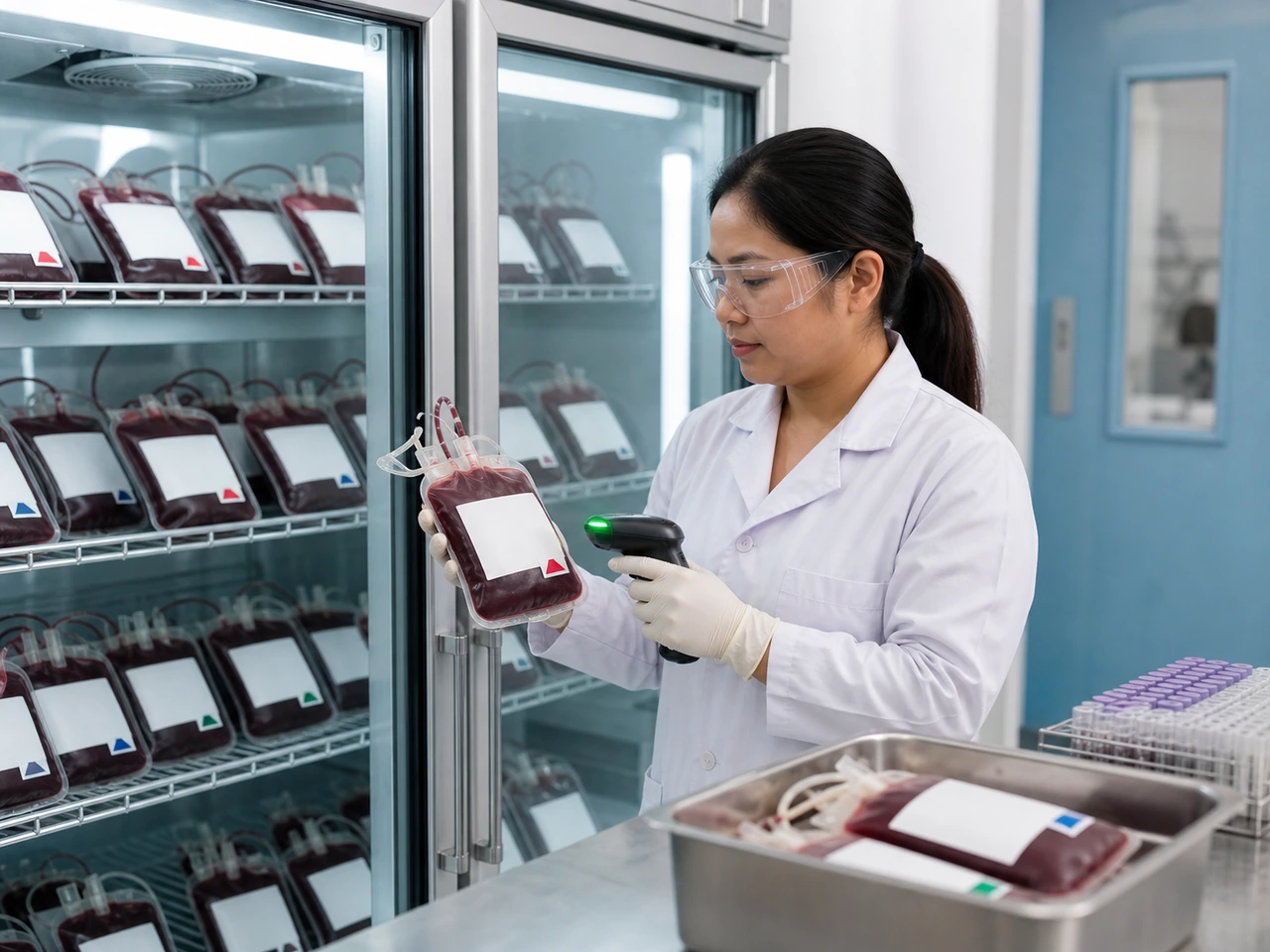 Blood bank technician checking screened blood units under controlled storage.