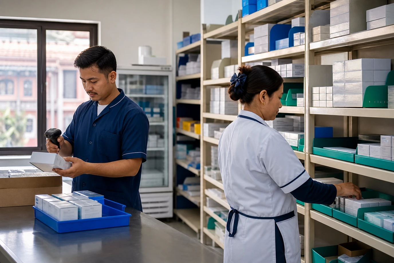 Hospital store team verifying medicine and supply batches for accountable inventory.