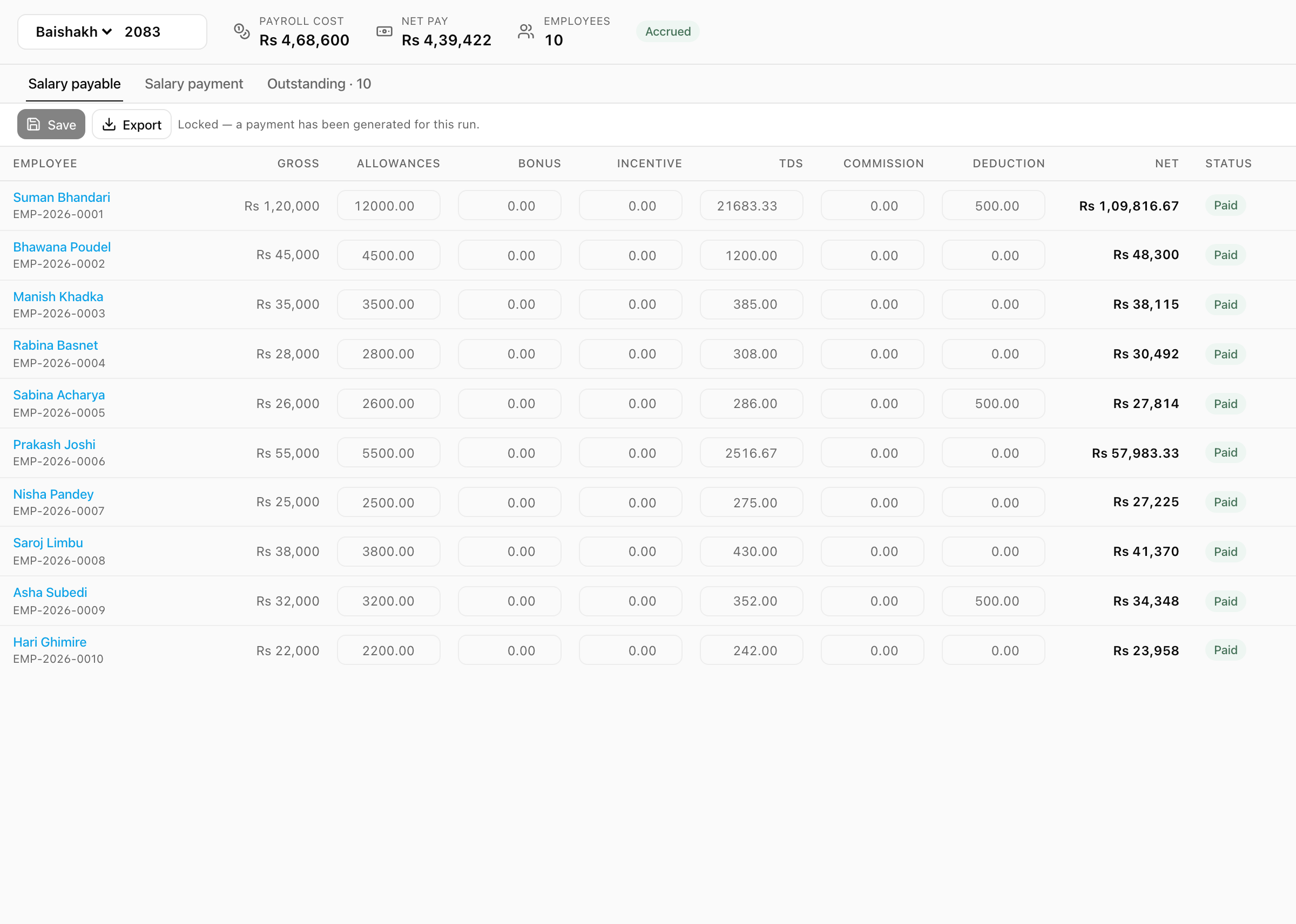 Monthly payroll run with gross, deductions, and net.