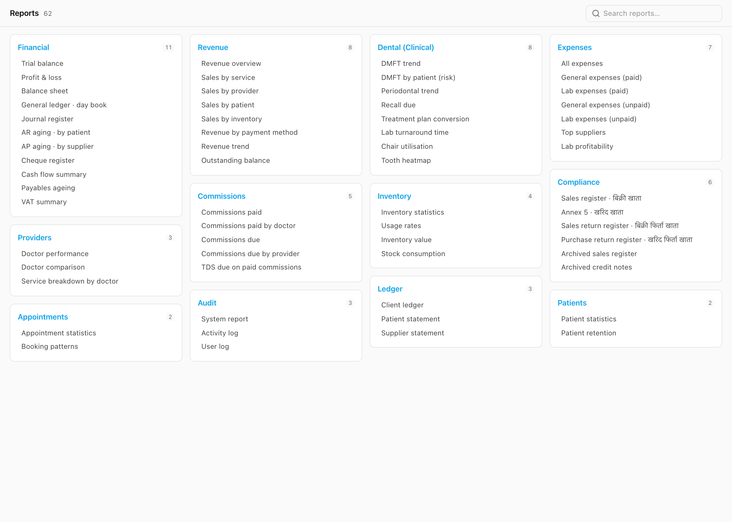 The financial, clinical, and operational reports catalog.