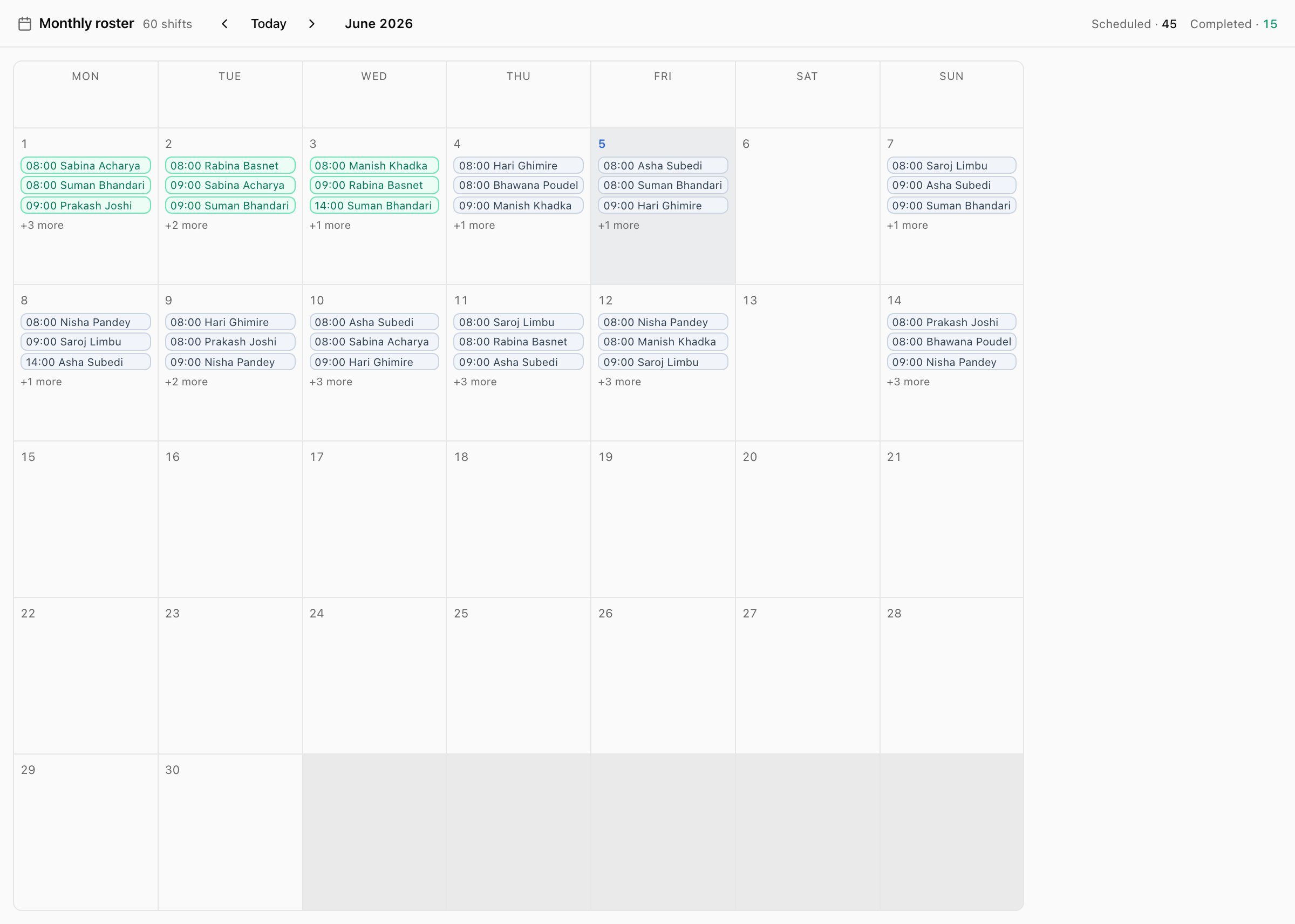 Monthly staff duty-roster calendar.
