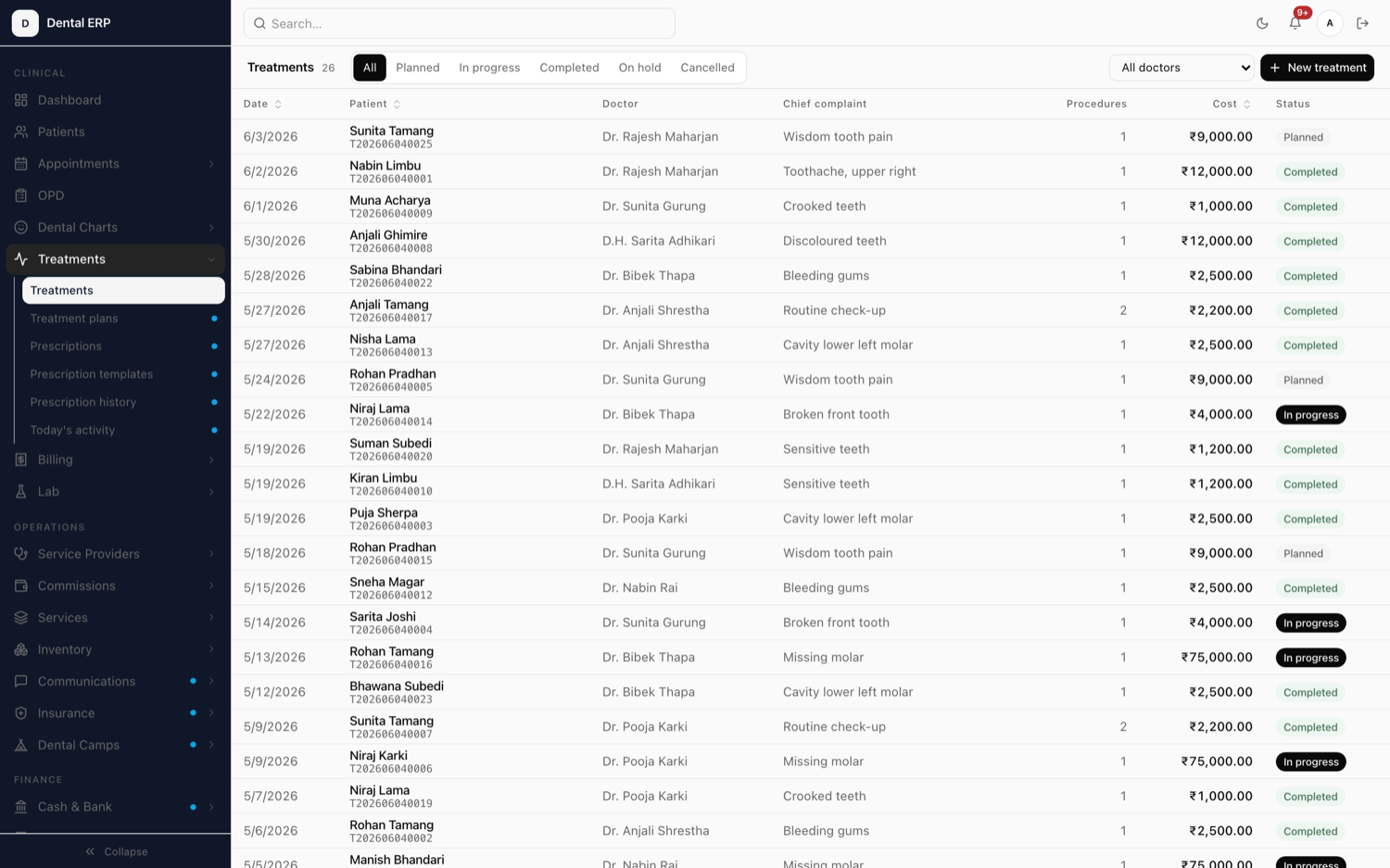 Xodont treatments screen listing recorded clinical procedures.