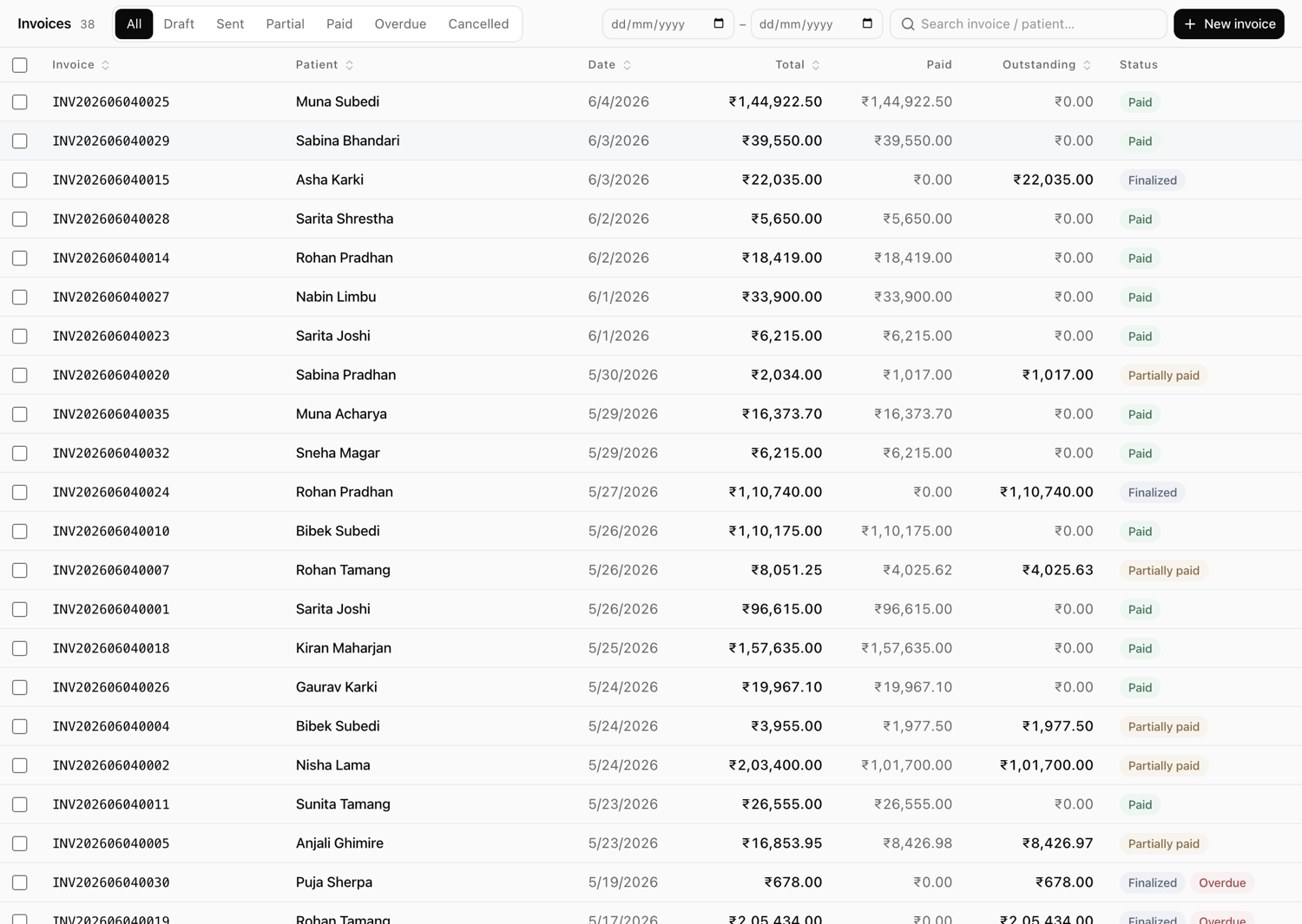 Xodont billing screen listing patient invoices with amounts and statuses.