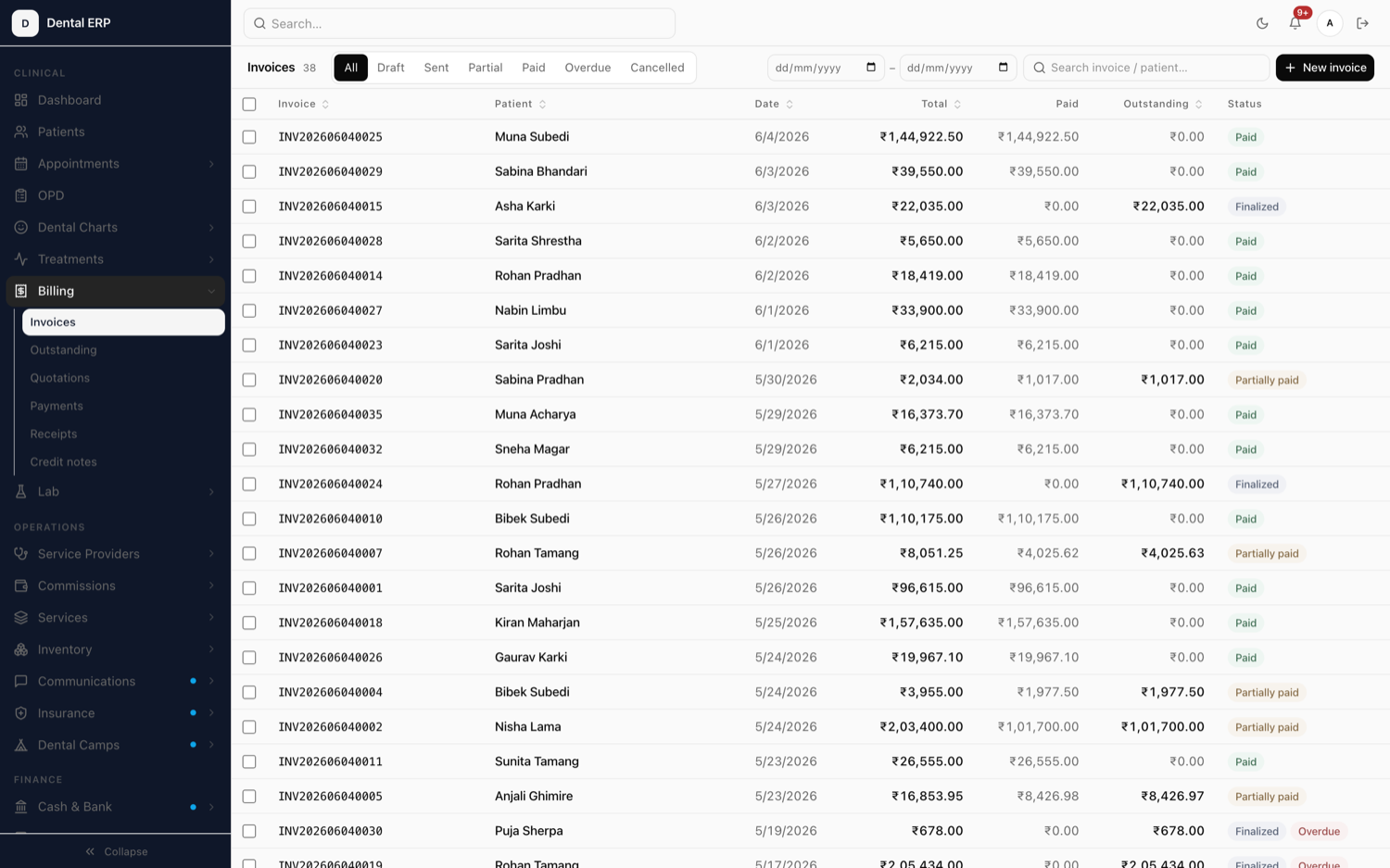 Patient invoices list in Xodont billing.