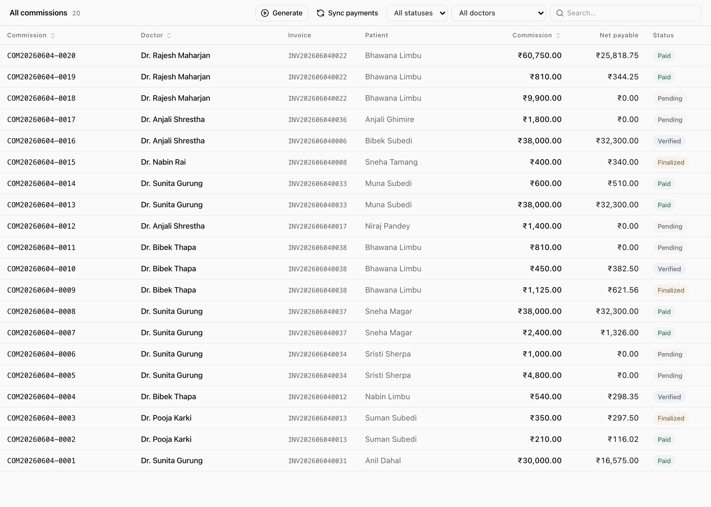 Xodont commission management screen listing provider commissions with rates, earnings, and payout status.