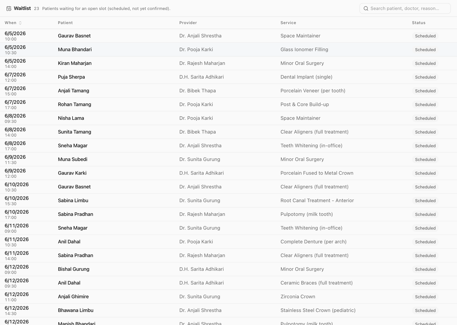 Appointment waitlist in Xodont listing patients waiting for earlier slots, ready to be booked into openings.