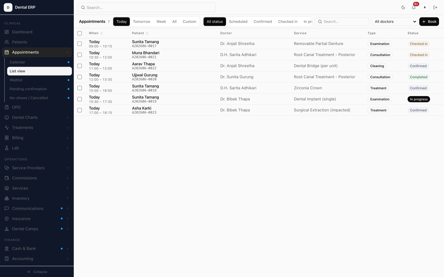 Xodont appointment scheduling dashboard showing the day’s appointments and provider columns.