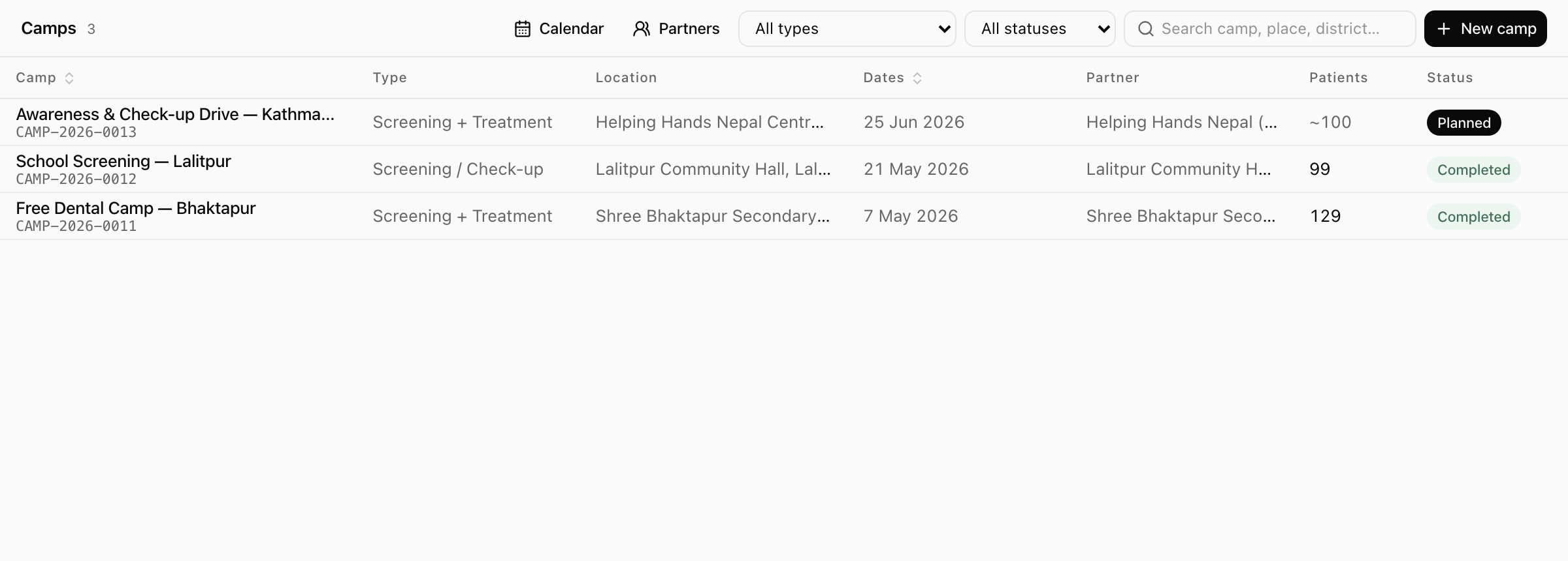 Xodont camp management screen showing planned dental outreach camps with dates, locations, and status.
